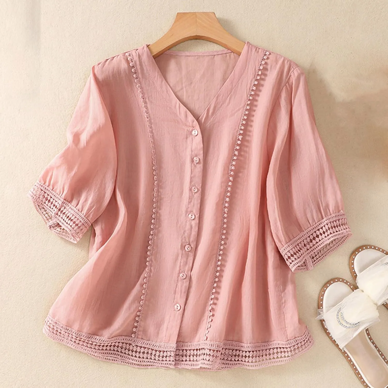 Hollow Out Cotton Linen Button Down Shirts for Women V-Neck Short Sleeve Tees Solid Color Trendy Blouses Summer Tees
