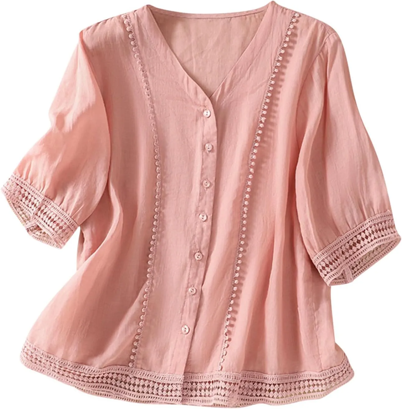 Hollow Out Cotton Linen Button Down Shirts for Women V-Neck Short Sleeve Tees Solid Color Trendy Blouses Summer Tees