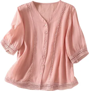 Hollow Out Cotton Linen Button Down Shirts for Women V-Neck Short Sleeve Tees Solid Color Trendy Blouses Summer Tees