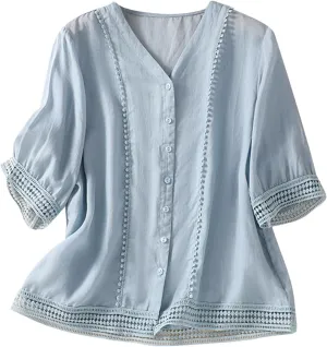 Hollow Out Cotton Linen Button Down Shirts for Women V-Neck Short Sleeve Tees Solid Color Trendy Blouses Summer Tees