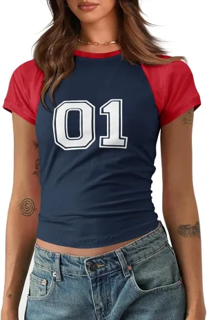 Imily Bela Womens Graphic T Shirt Y2k Baby Tees Summer Letter Print Casual Short Sleeve Slim Fit Crop Tops