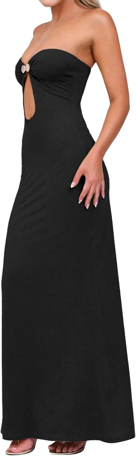 ISZPLUSH Womens Sexy Bodycon Tube Strapless Long Dress Y2K Ruffle Hem Trim Irregular Dress Going Out Tube Outfit