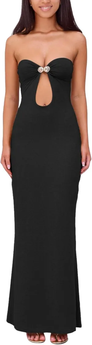 ISZPLUSH Womens Sexy Bodycon Tube Strapless Long Dress Y2K Ruffle Hem Trim Irregular Dress Going Out Tube Outfit