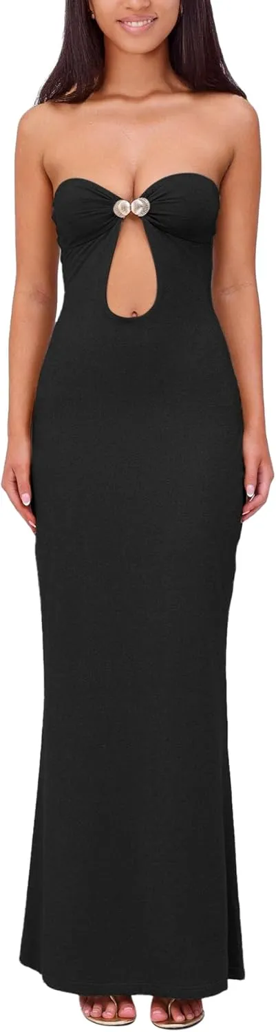 ISZPLUSH Womens Sexy Bodycon Tube Strapless Long Dress Y2K Ruffle Hem Trim Irregular Dress Going Out Tube Outfit