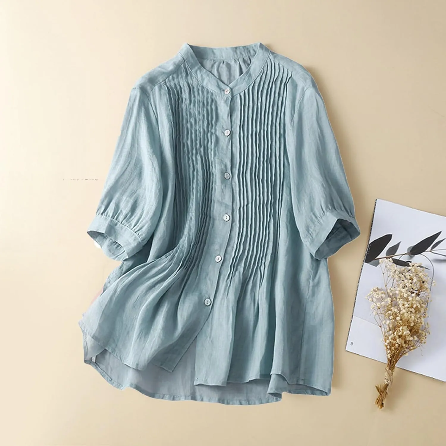JOAU Summer Womens Short Sleeve Cotton Linen Shirts Casual Collared Button Down Shirt V Neck Pleated Tops Loose Blouses