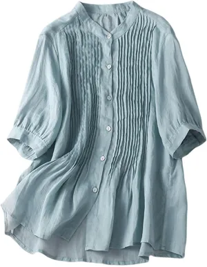 JOAU Summer Womens Short Sleeve Cotton Linen Shirts Casual Collared Button Down Shirt V Neck Pleated Tops Loose Blouses