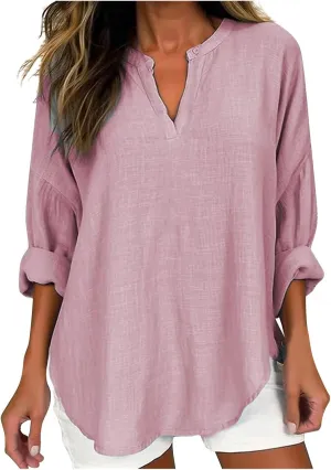 JOAU Women's Casual Cotton Linen Shirts, Summer Long Sleeve V Neck Loose Fit T Shirts Solid Button Henley Blouse Tunic Tops