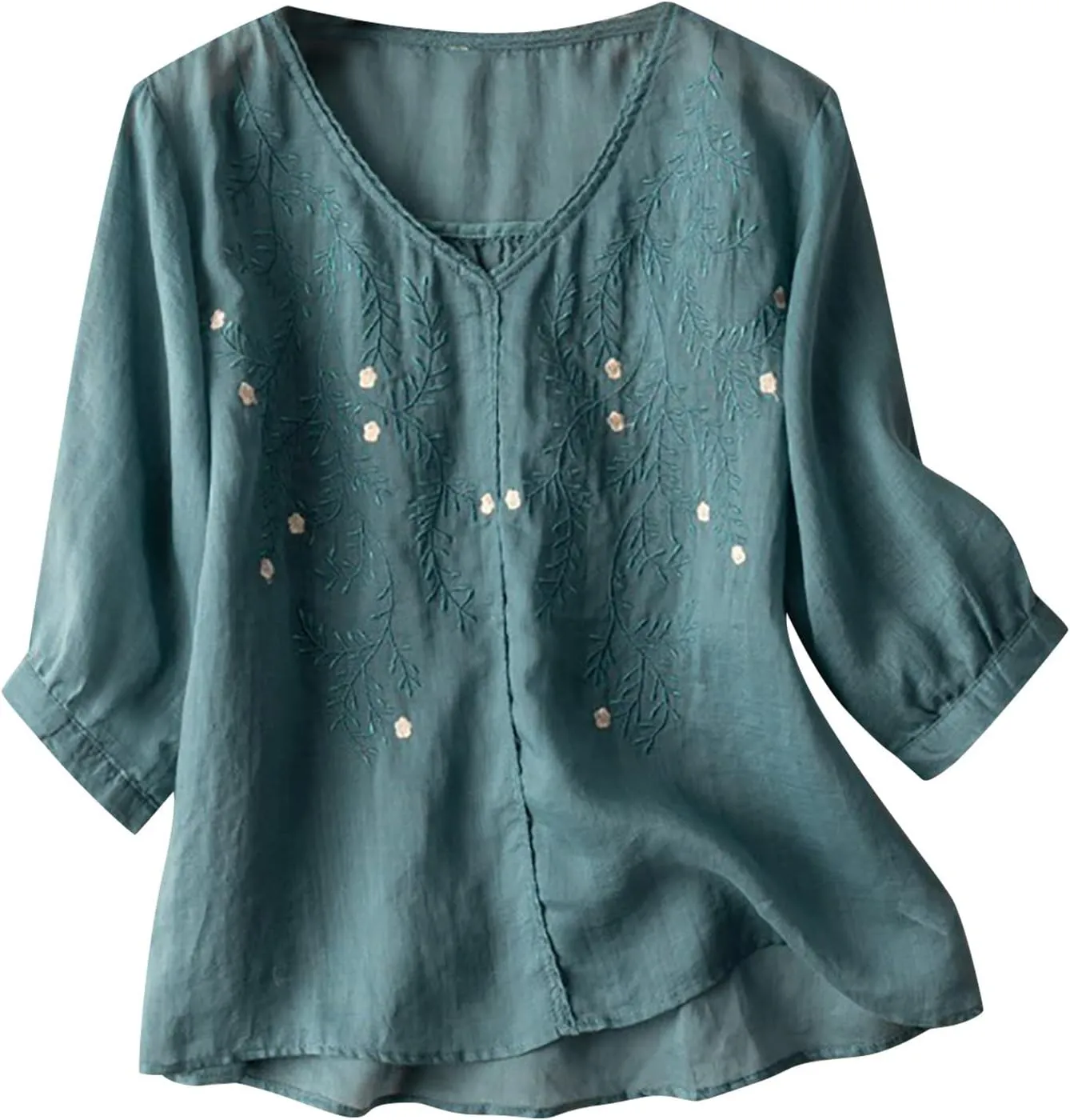 JOAU Women's Half Sleeve V-Neck Embroidered Blouse Cotton Linen Tops Summer Loose Fit Casual Comfy Lightweight T Shirts