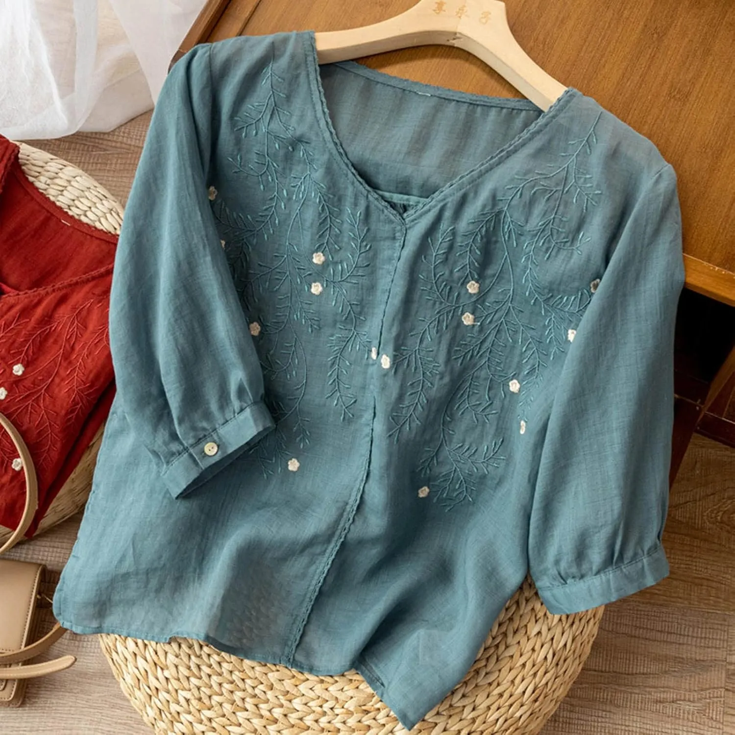 JOAU Women's Half Sleeve V-Neck Embroidered Blouse Cotton Linen Tops Summer Loose Fit Casual Comfy Lightweight T Shirts