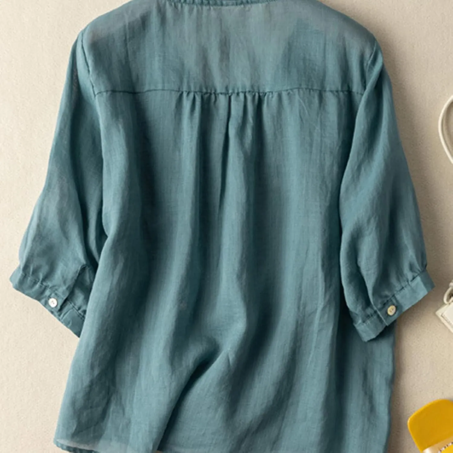 JOAU Women's Half Sleeve V-Neck Embroidered Blouse Cotton Linen Tops Summer Loose Fit Casual Comfy Lightweight T Shirts