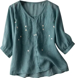 JOAU Women's Half Sleeve V-Neck Embroidered Blouse Cotton Linen Tops Summer Loose Fit Casual Comfy Lightweight T Shirts
