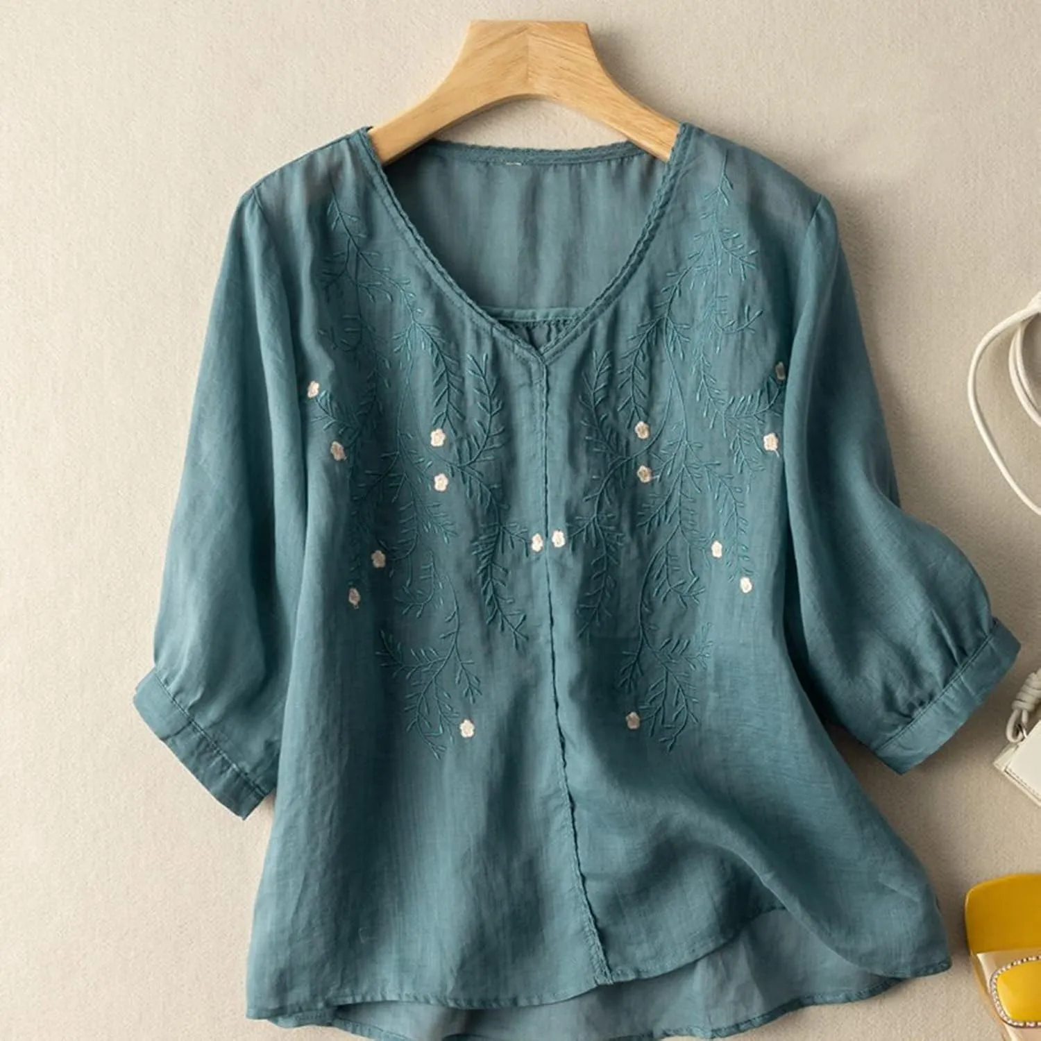 JOAU Women's Half Sleeve V-Neck Embroidered Blouse Cotton Linen Tops Summer Loose Fit Casual Comfy Lightweight T Shirts