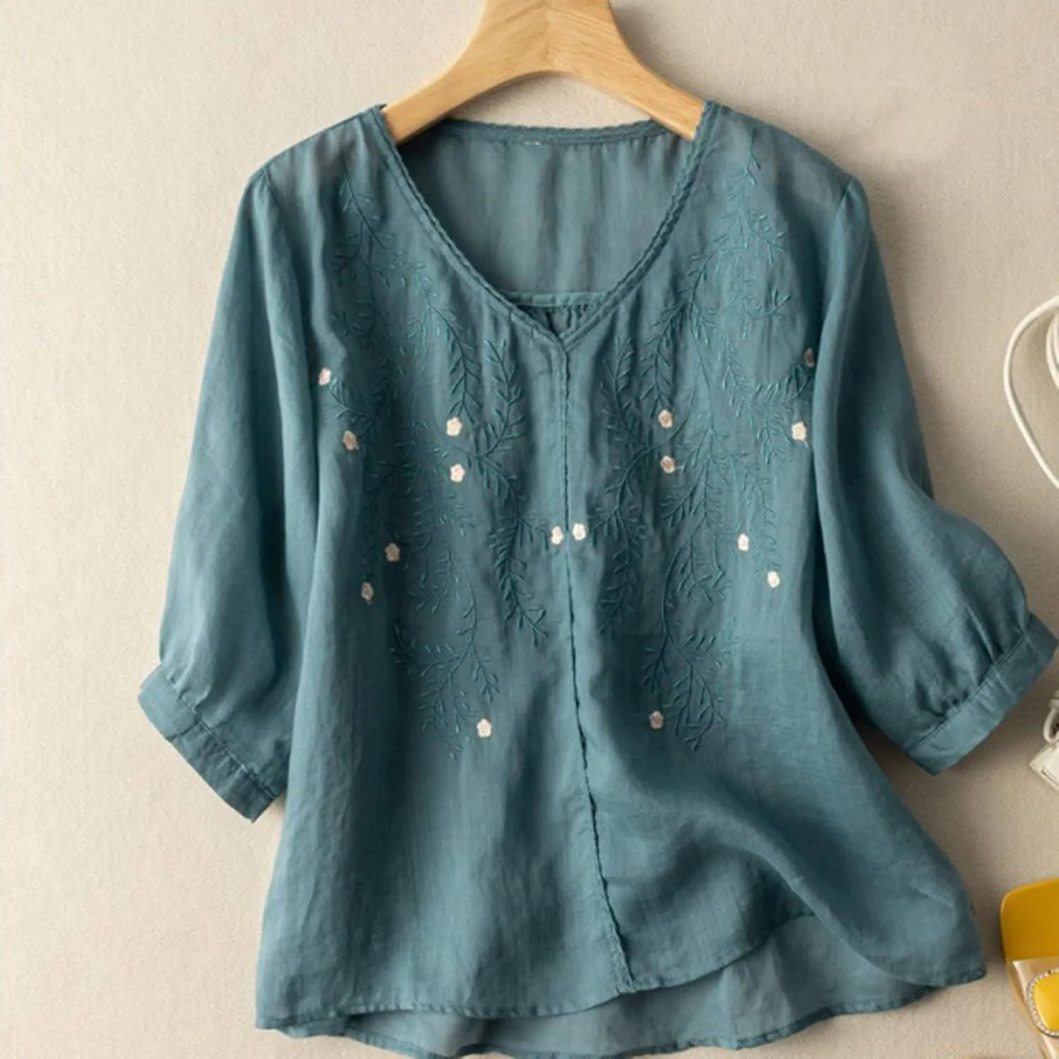 JOAU Women's Half Sleeve V-Neck Embroidered Blouse Cotton Linen Tops Summer Loose Fit Casual Comfy Lightweight T Shirts