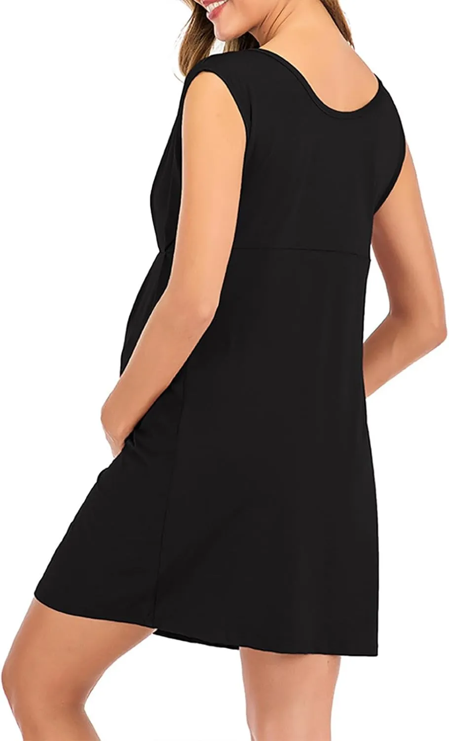 JOAU Women's Maternity Round Neck Sleeveless Mini Tank Dress Casual High Waist Flared A Line Solid Pleated Short Dresses