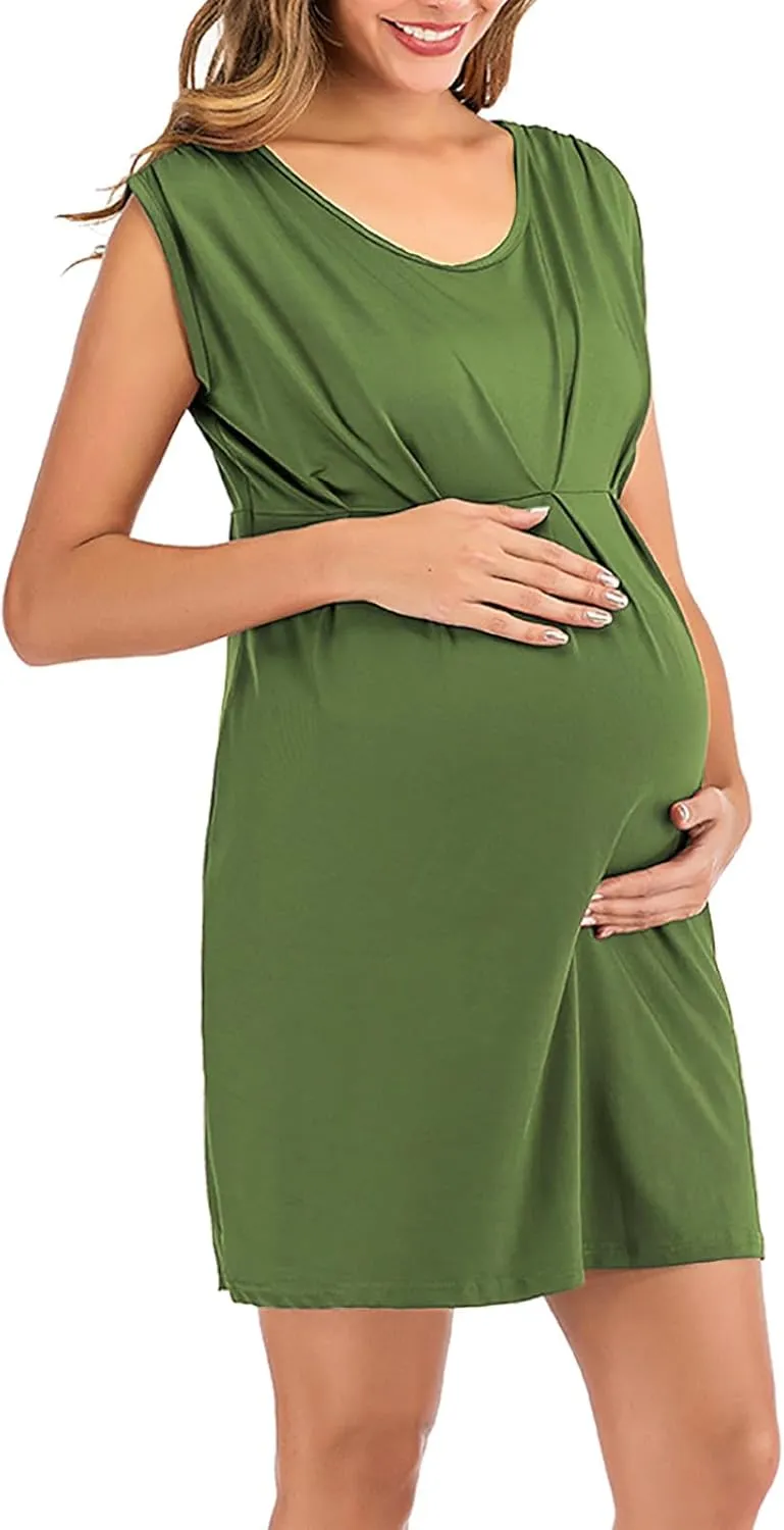 JOAU Women's Maternity Round Neck Sleeveless Mini Tank Dress Casual High Waist Flared A Line Solid Pleated Short Dresses