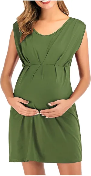 JOAU Women's Maternity Round Neck Sleeveless Mini Tank Dress Casual High Waist Flared A Line Solid Pleated Short Dresses