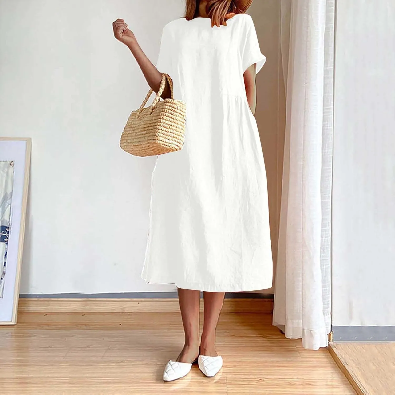 JOAU Women's Summer Cotton Linen Dress, Solid O-Neck Midi Dress with Pocket Short Sleevele Casual Loose Shift Dress