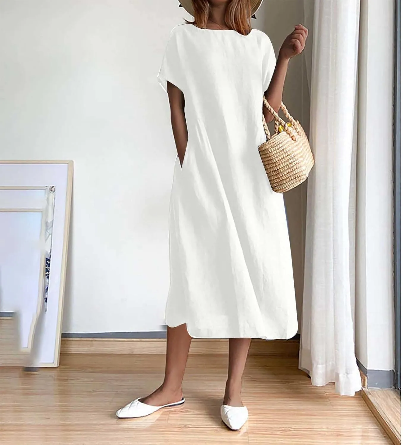 JOAU Women's Summer Cotton Linen Dress, Solid O-Neck Midi Dress with Pocket Short Sleevele Casual Loose Shift Dress