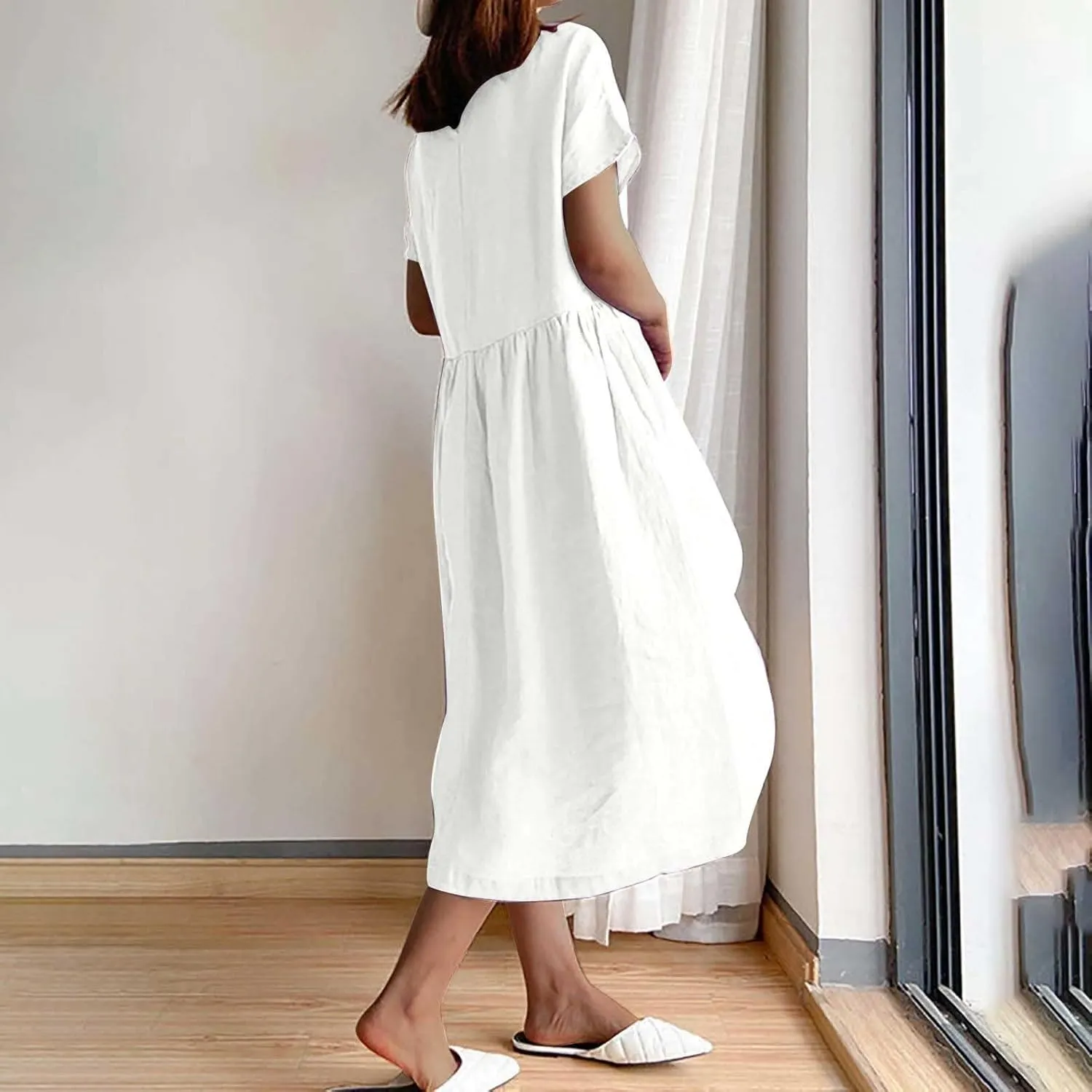 JOAU Women's Summer Cotton Linen Dress, Solid O-Neck Midi Dress with Pocket Short Sleevele Casual Loose Shift Dress