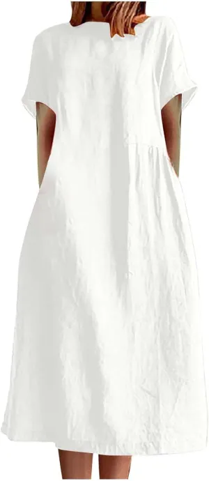 JOAU Women's Summer Cotton Linen Dress, Solid O-Neck Midi Dress with Pocket Short Sleevele Casual Loose Shift Dress