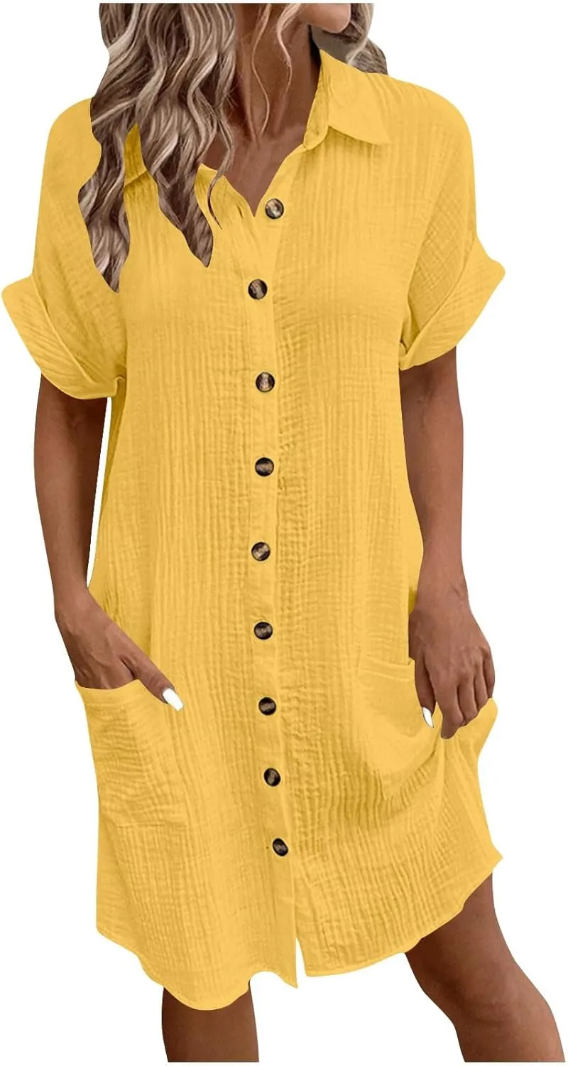 jsaierl Shirt Dresses for Women Casual Loose Fit Button Down Shirts Dress Summer Short Sleeve V Neck Shift Dress with Pockets