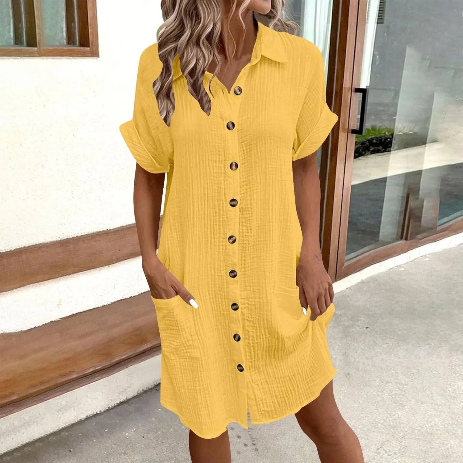 jsaierl Shirt Dresses for Women Casual Loose Fit Button Down Shirts Dress Summer Short Sleeve V Neck Shift Dress with Pockets