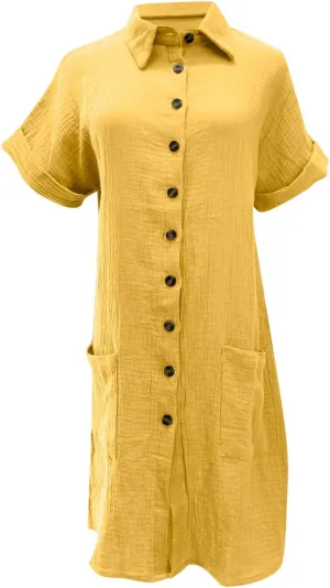 jsaierl Shirt Dresses for Women Casual Loose Fit Button Down Shirts Dress Summer Short Sleeve V Neck Shift Dress with Pockets