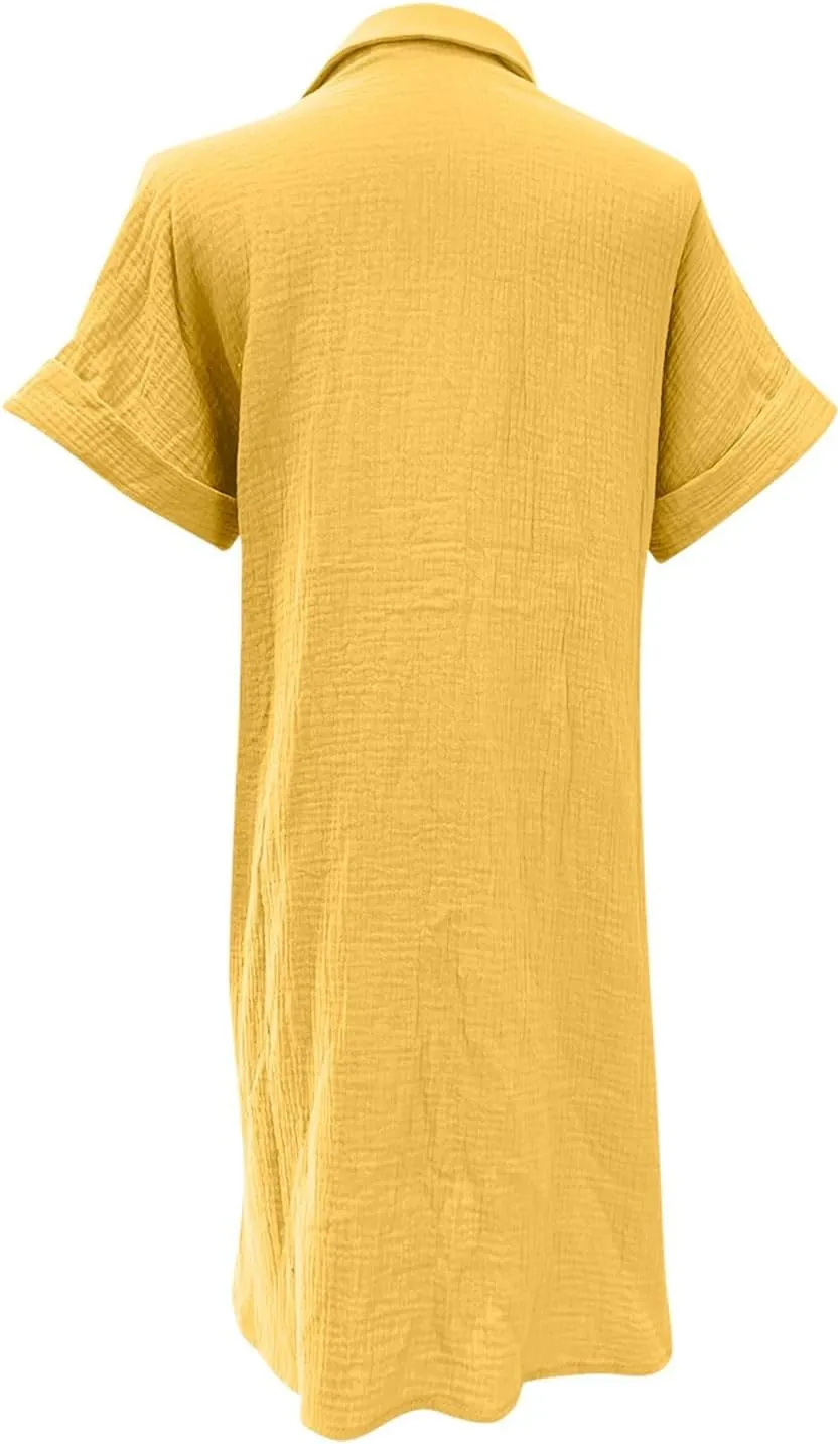 jsaierl Shirt Dresses for Women Casual Loose Fit Button Down Shirts Dress Summer Short Sleeve V Neck Shift Dress with Pockets