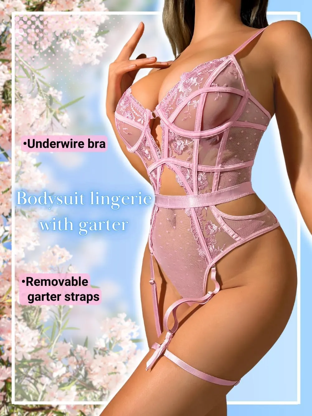 Kaei&Shi Floral Embroidered, Underwire, Removable Garter, Thigh Straps, Backless Bodysuit