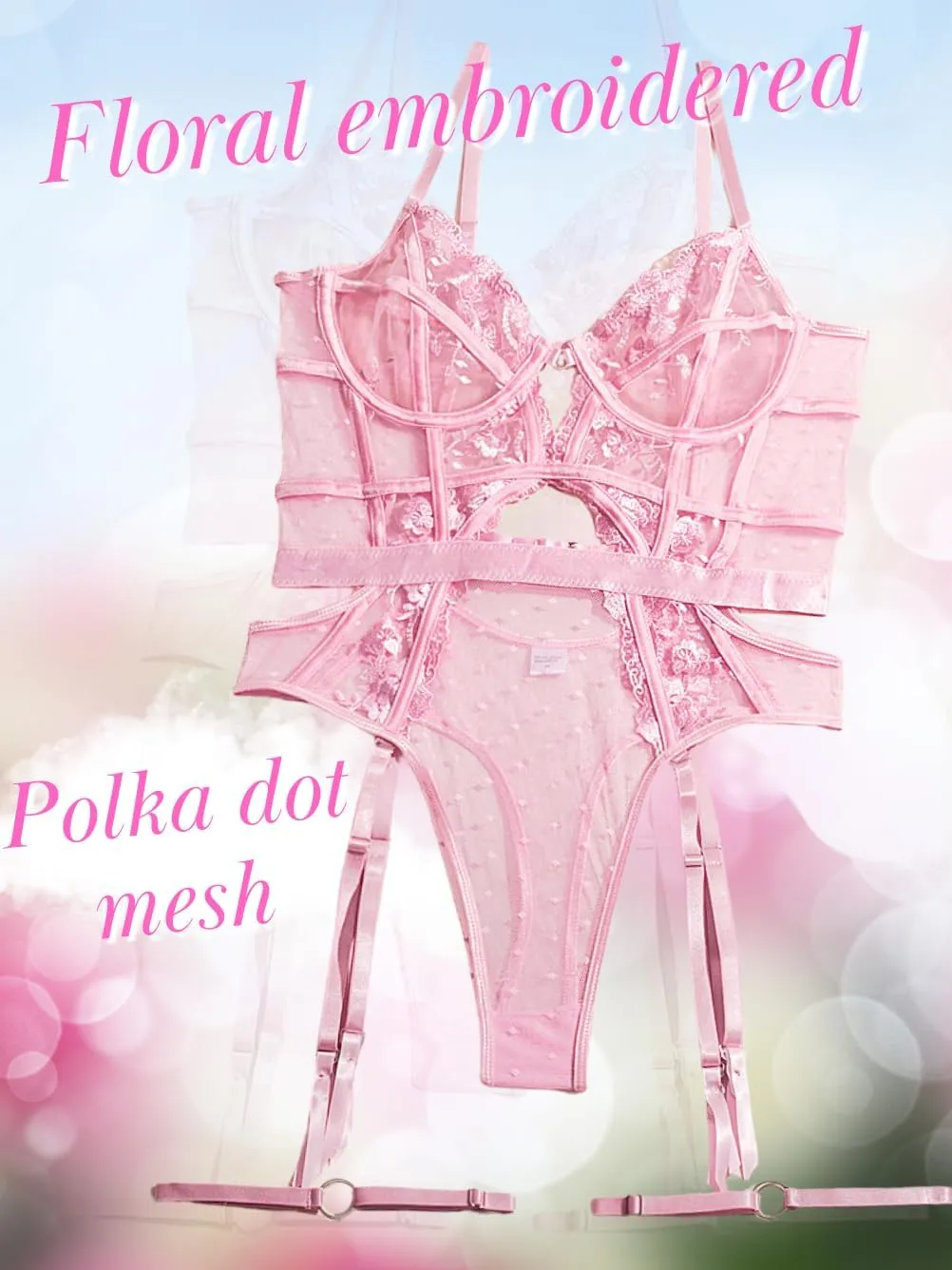 Kaei&Shi Floral Embroidered, Underwire, Removable Garter, Thigh Straps, Backless Bodysuit