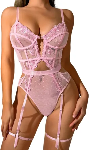 Kaei&Shi Floral Embroidered, Underwire, Removable Garter, Thigh Straps, Backless Bodysuit