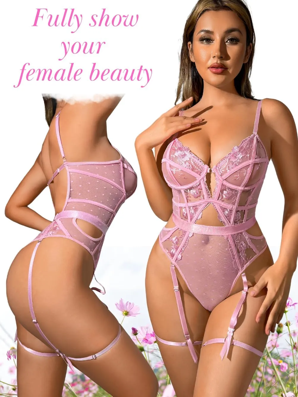 Kaei&Shi Floral Embroidered, Underwire, Removable Garter, Thigh Straps, Backless Bodysuit