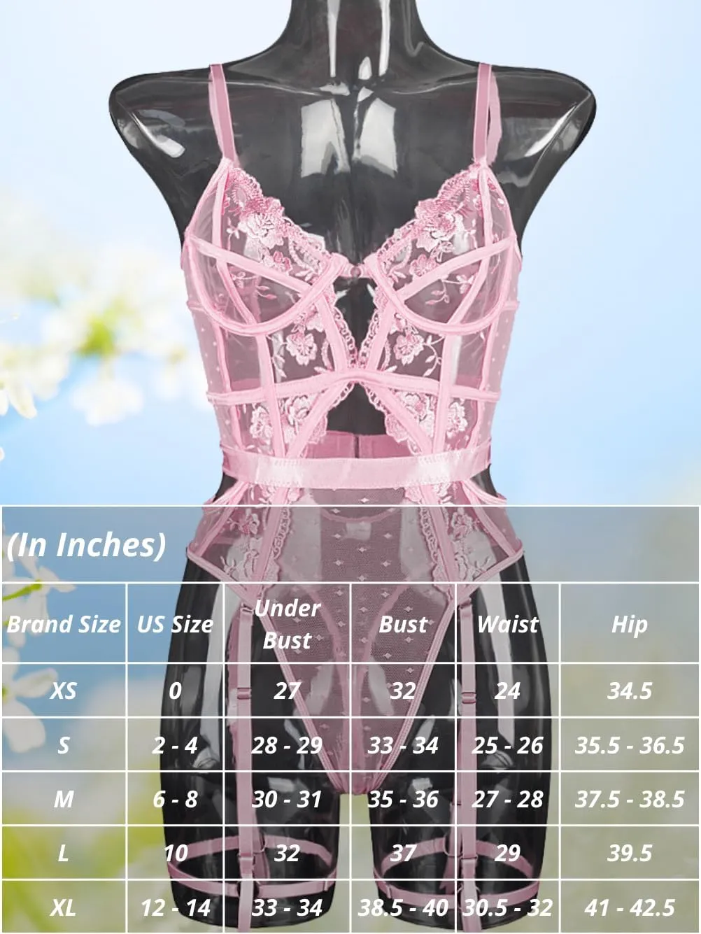 Kaei&Shi Floral Embroidered, Underwire, Removable Garter, Thigh Straps, Backless Bodysuit