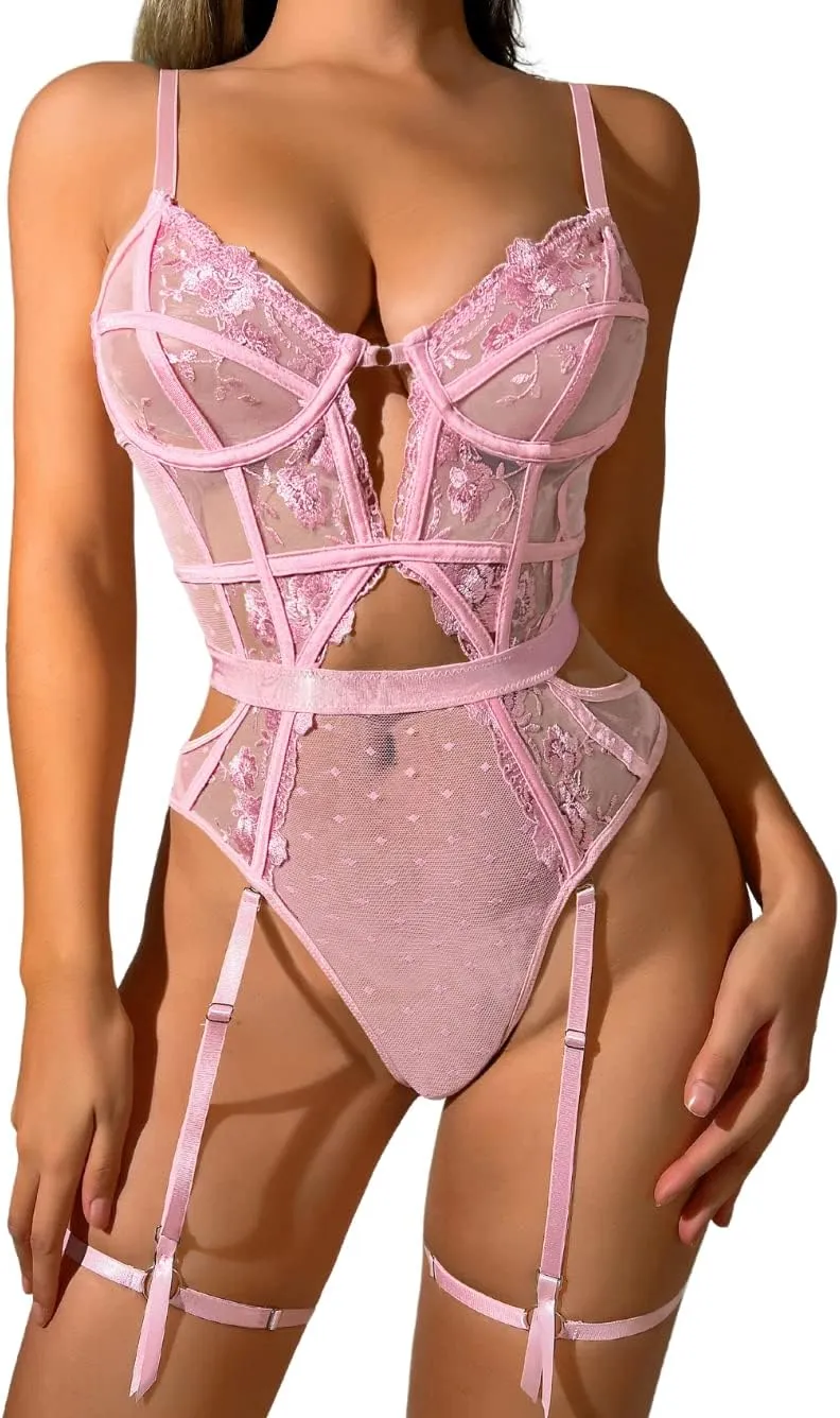 Kaei&Shi Floral Embroidered, Underwire, Removable Garter, Thigh Straps, Backless Bodysuit