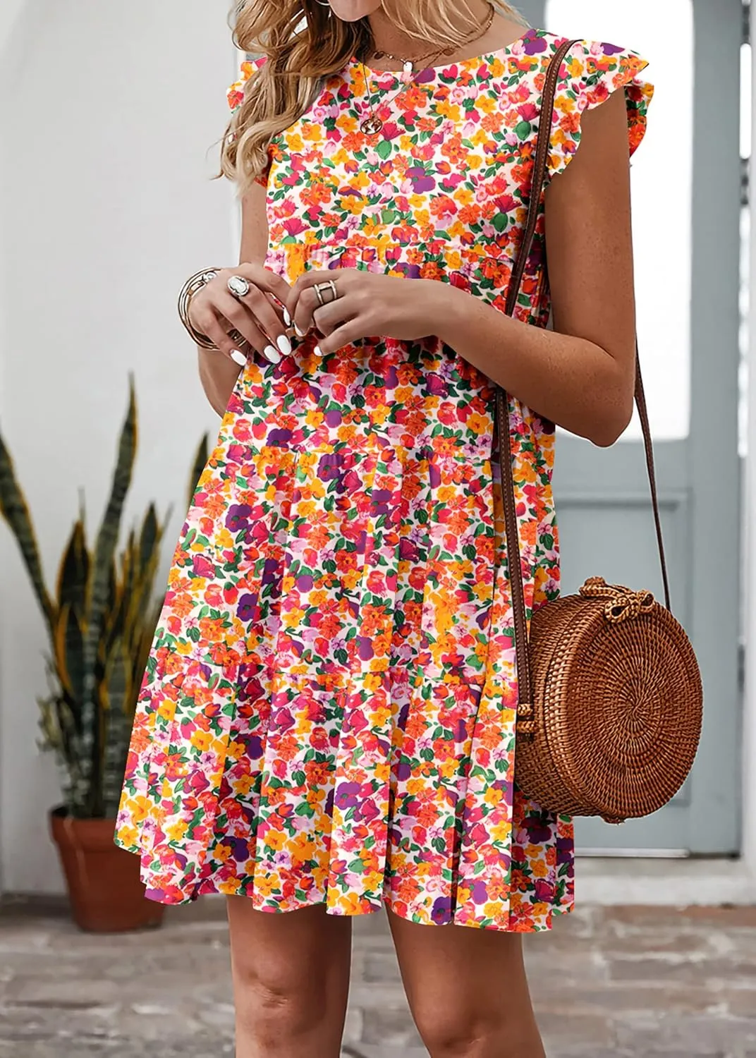 KIRUNDO Women's Summer Dresses Sleeveless Ruffle Sleeve Round Neck Solid Loose Short Flowy Pleated Mini Babydoll Dress