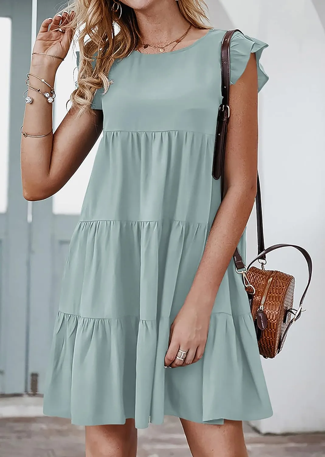 KIRUNDO Women's Summer Dresses Sleeveless Ruffle Sleeve Round Neck Solid Loose Short Flowy Pleated Mini Babydoll Dress