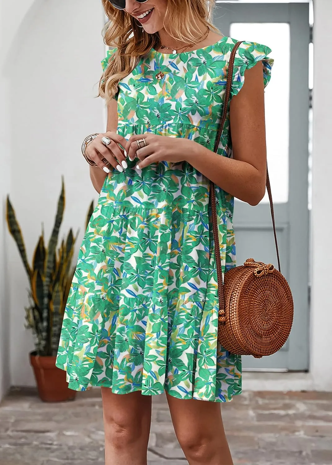 KIRUNDO Women's Summer Dresses Sleeveless Ruffle Sleeve Round Neck Solid Loose Short Flowy Pleated Mini Babydoll Dress