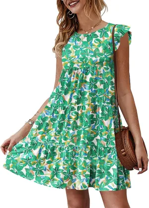 KIRUNDO Women's Summer Dresses Sleeveless Ruffle Sleeve Round Neck Solid Loose Short Flowy Pleated Mini Babydoll Dress