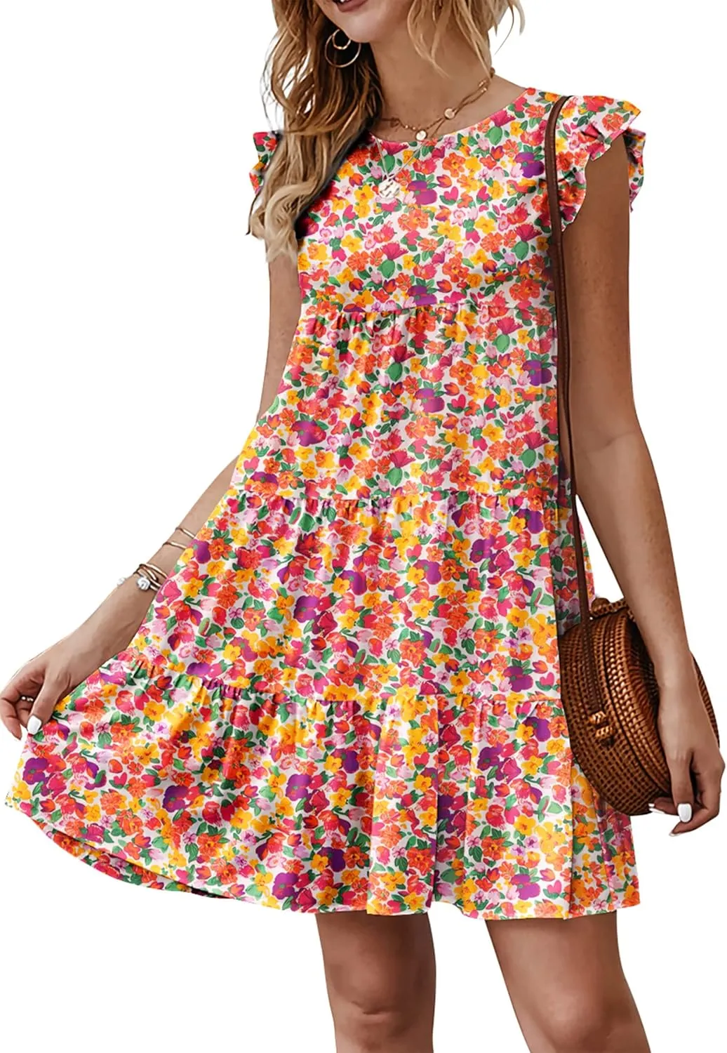 KIRUNDO Women's Summer Dresses Sleeveless Ruffle Sleeve Round Neck Solid Loose Short Flowy Pleated Mini Babydoll Dress