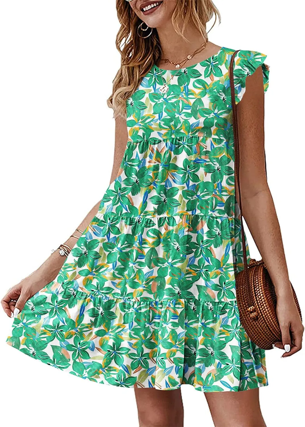 KIRUNDO Women's Summer Dresses Sleeveless Ruffle Sleeve Round Neck Solid Loose Short Flowy Pleated Mini Babydoll Dress
