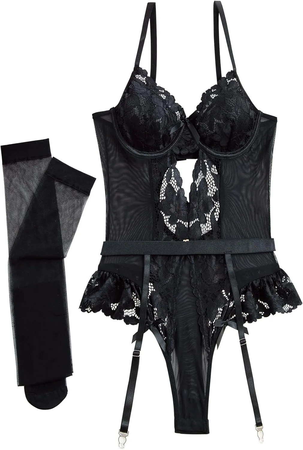 Lilosy Sexy Stocking Lace Mesh Bodysuit Top Underwire Garter Lingerie Set 3 Piece