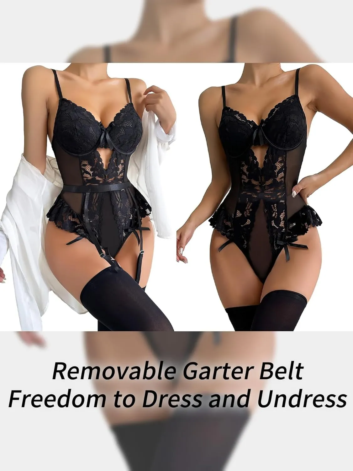 Lilosy Sexy Stocking Lace Mesh Bodysuit Top Underwire Garter Lingerie Set 3 Piece