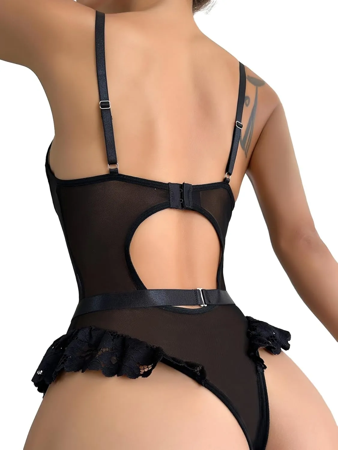 Lilosy Sexy Stocking Lace Mesh Bodysuit Top Underwire Garter Lingerie Set 3 Piece