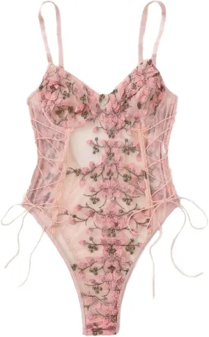 Lilosy Women Sexy Lace Up Floral Embroidered Teddy Lingerie Bodysuit Top Mesh Sheer One Piece