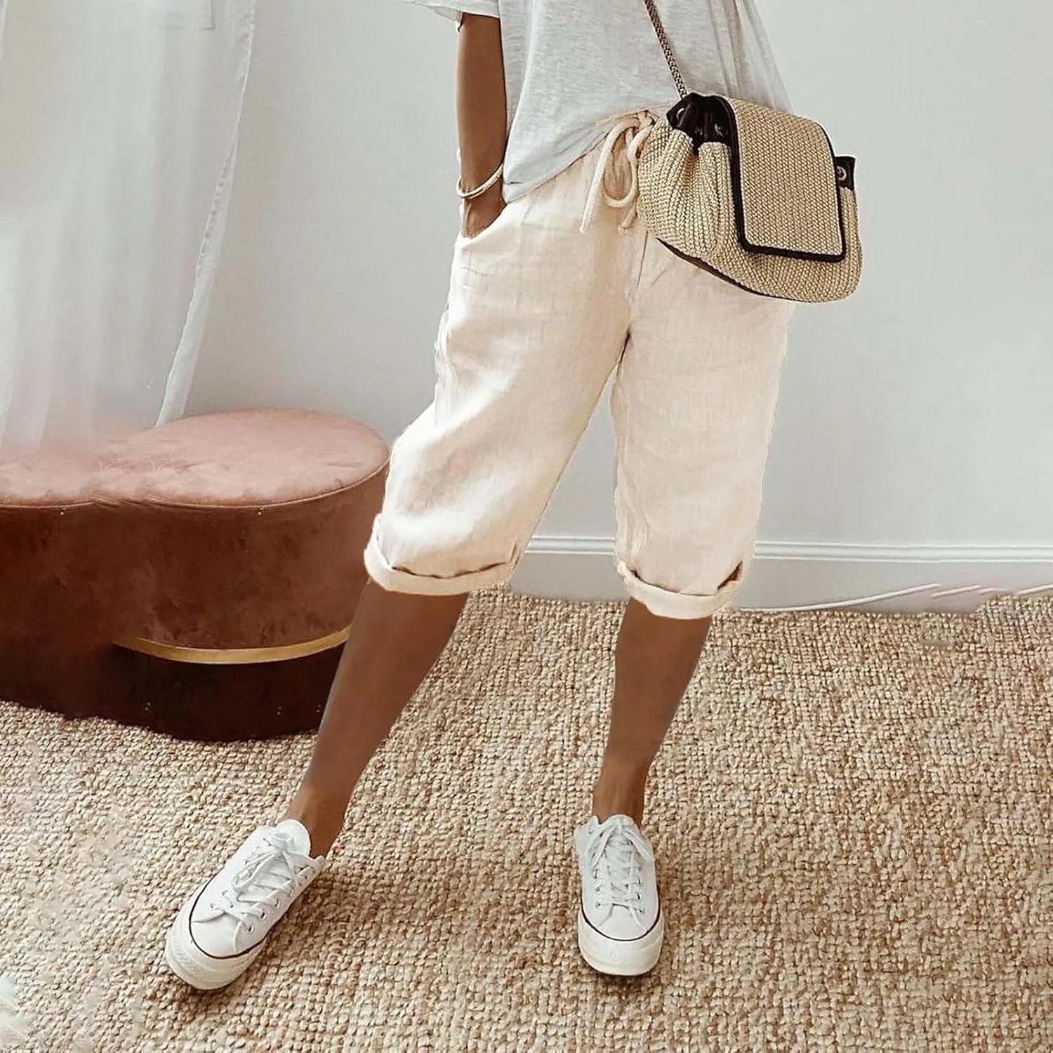 Linen Blend Pants for Women Cotton Linen Elastic Seven Pants Beach Casual Pants Linen Casual Summer Cropped Pants
