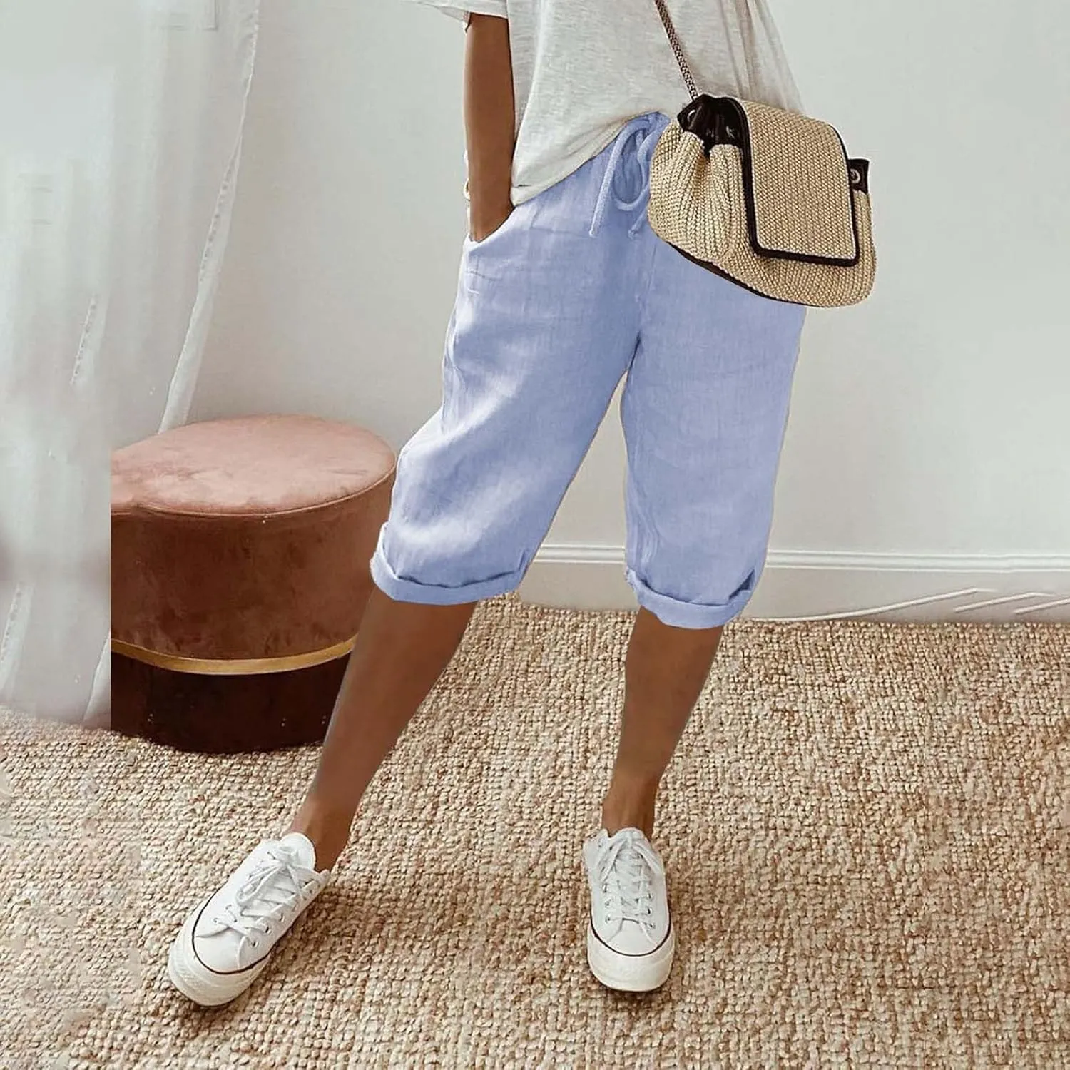 Linen Blend Pants for Women Cotton Linen Elastic Seven Pants Beach Casual Pants Linen Casual Summer Cropped Pants