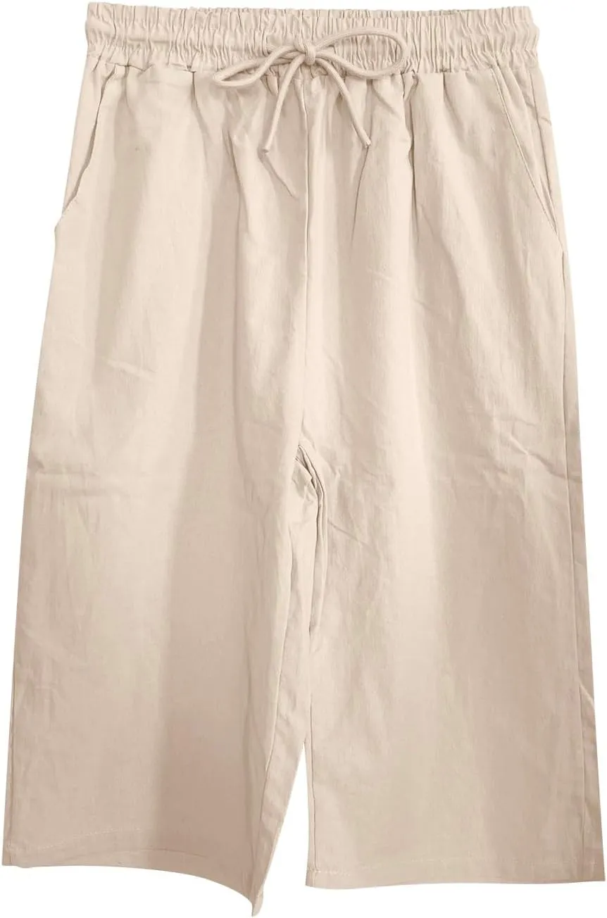 Linen Blend Pants for Women Cotton Linen Elastic Seven Pants Beach Casual Pants Linen Casual Summer Cropped Pants