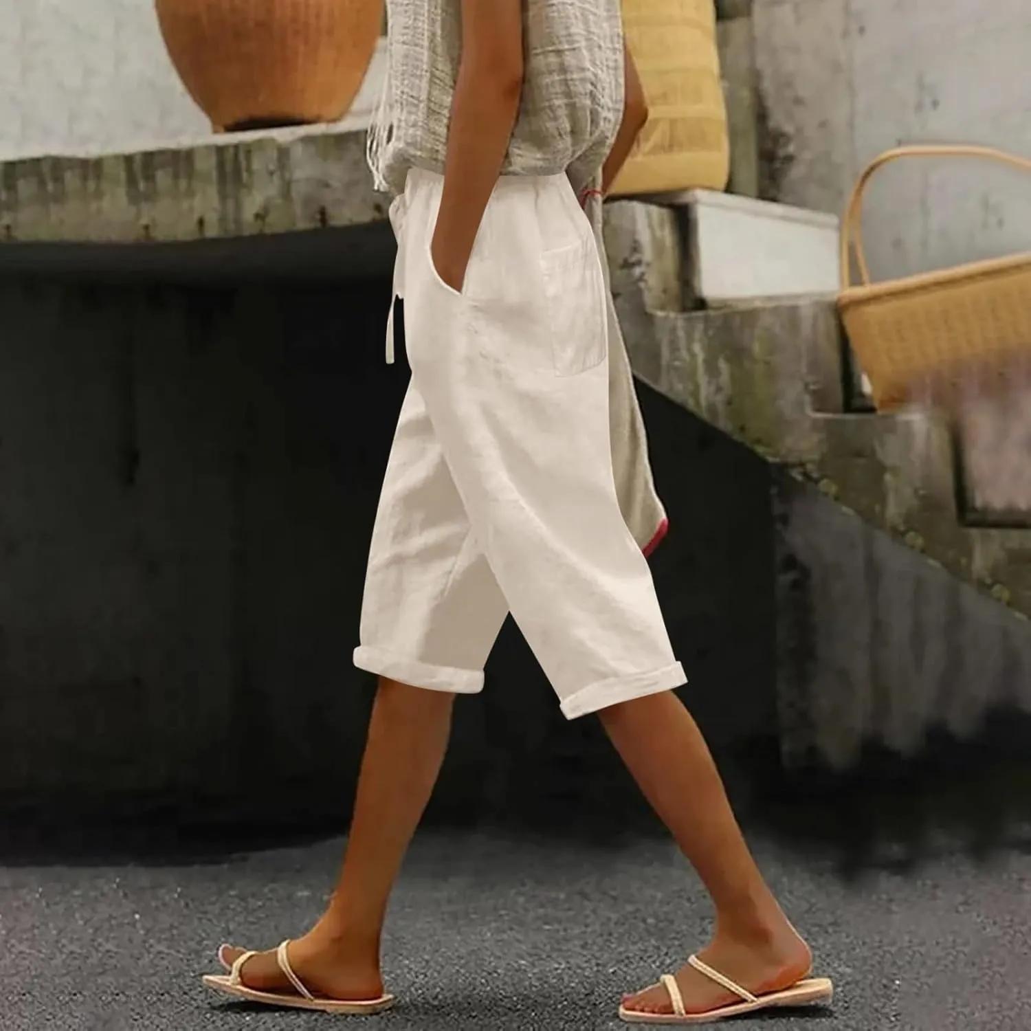 Linen Blend Pants for Women Cotton Linen Elastic Seven Pants Beach Casual Pants Linen Casual Summer Cropped Pants