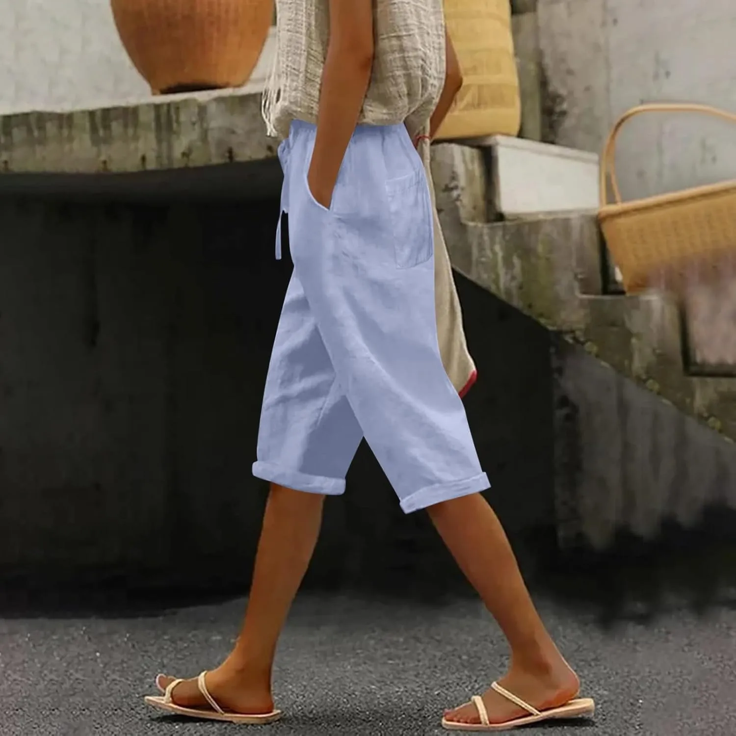 Linen Blend Pants for Women Cotton Linen Elastic Seven Pants Beach Casual Pants Linen Casual Summer Cropped Pants