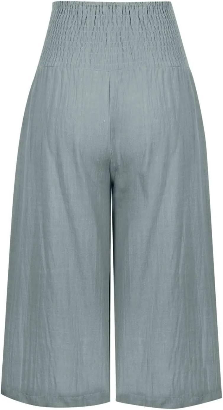 Linen Capri Pants for Women Summer Wide Leg Capri Pants Palazzo Lounge Cropped Pants Pockets Comfy Pajama Capri Pants